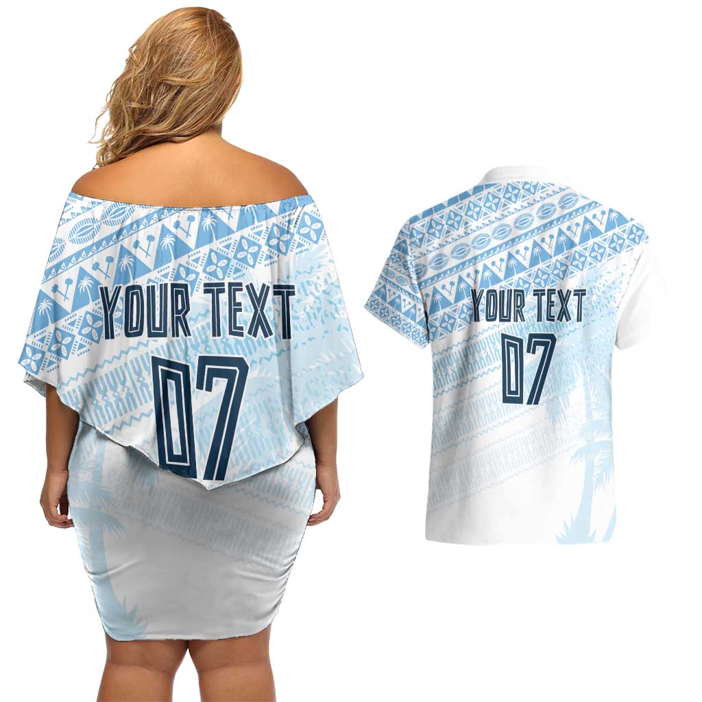 Fiji Rugby Custom Kaiviti Masi Couples Matching Off Shoulder Short Dress and Hawaiian Shirt Turquoise - Aussie Hoodie