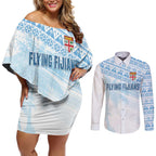 Fiji Rugby Custom Kaiviti Masi Couples Matching Off Shoulder Short Dress and Long Sleeve Button Shirt Turquoise - Aussie Hoodie