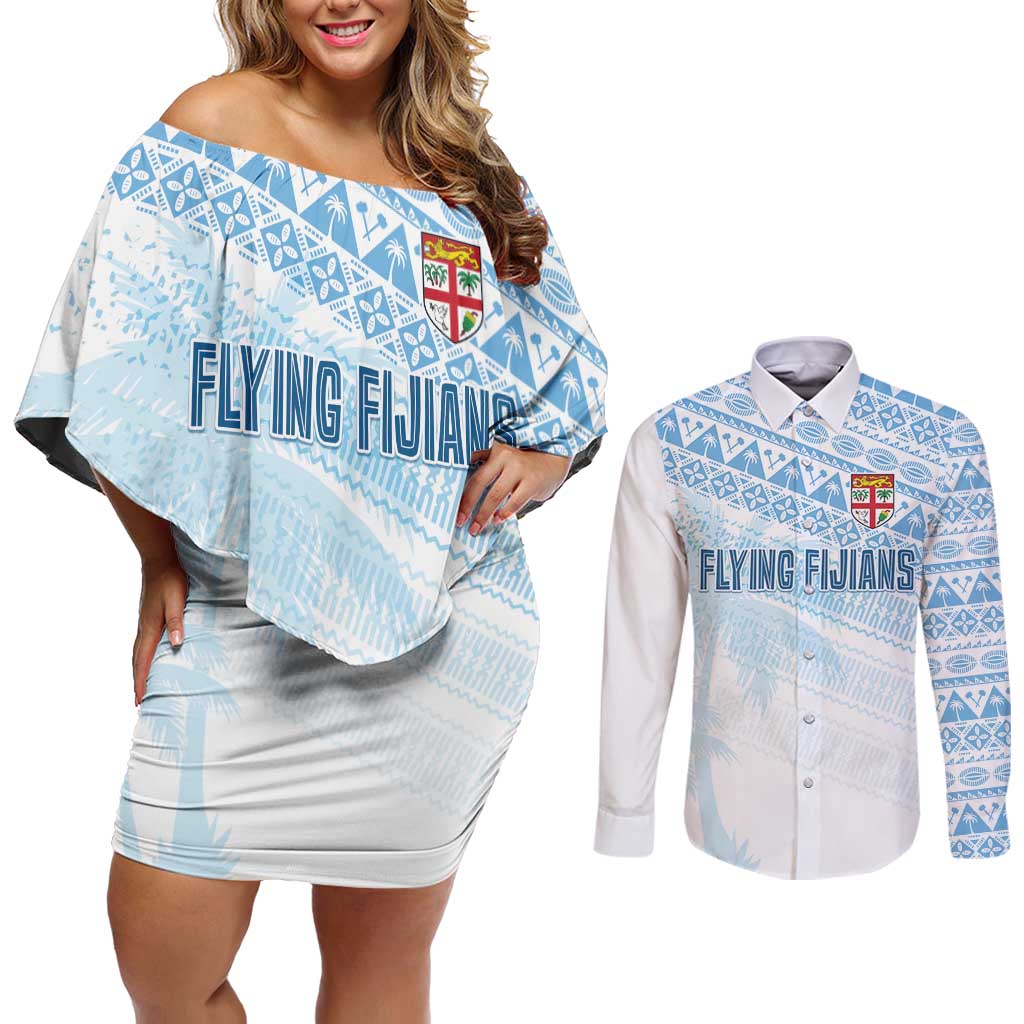 Fiji Rugby Custom Kaiviti Masi Couples Matching Off Shoulder Short Dress and Long Sleeve Button Shirt Turquoise - Aussie Hoodie