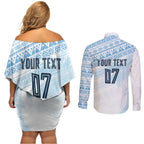 Fiji Rugby Custom Kaiviti Masi Couples Matching Off Shoulder Short Dress and Long Sleeve Button Shirt Turquoise - Aussie Hoodie
