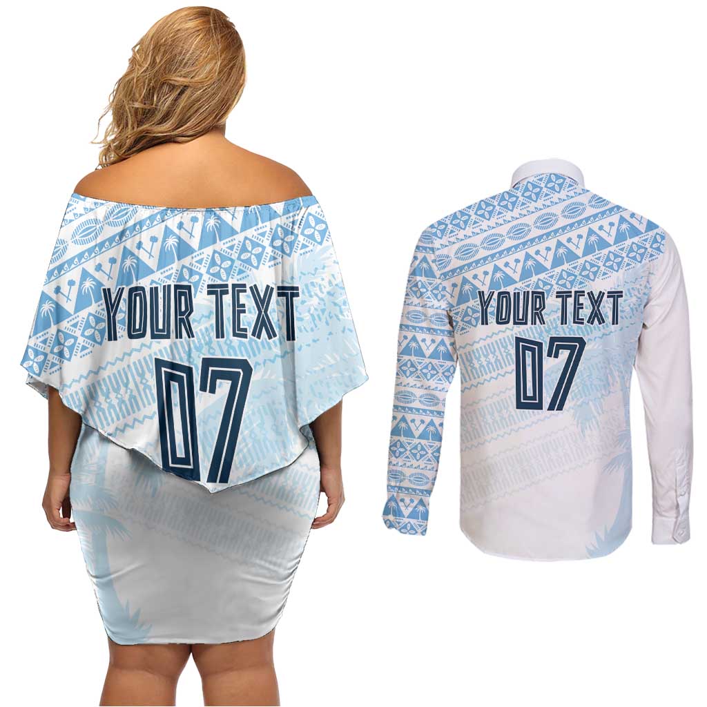 Fiji Rugby Custom Kaiviti Masi Couples Matching Off Shoulder Short Dress and Long Sleeve Button Shirt Turquoise - Aussie Hoodie