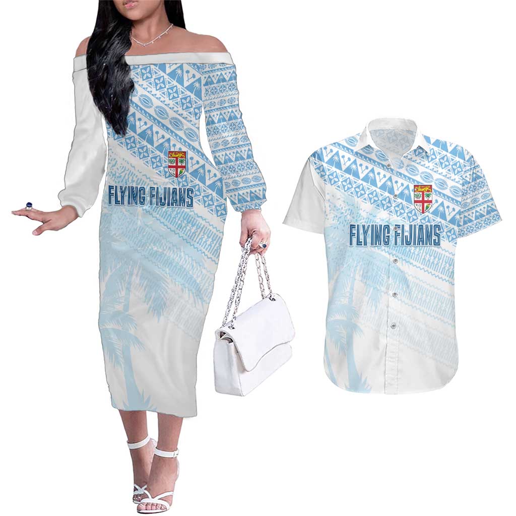 Fiji Rugby Custom Kaiviti Masi Couples Matching Off The Shoulder Long Sleeve Dress and Hawaiian Shirt Turquoise - Aussie Hoodie