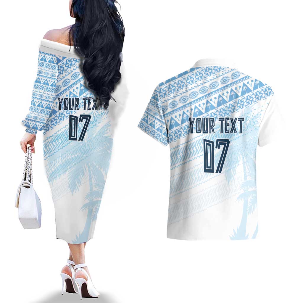 Fiji Rugby Custom Kaiviti Masi Couples Matching Off The Shoulder Long Sleeve Dress and Hawaiian Shirt Turquoise - Aussie Hoodie