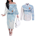 Fiji Rugby Custom Kaiviti Masi Couples Matching Off The Shoulder Long Sleeve Dress and Long Sleeve Button Shirt Turquoise - Aussie Hoodie