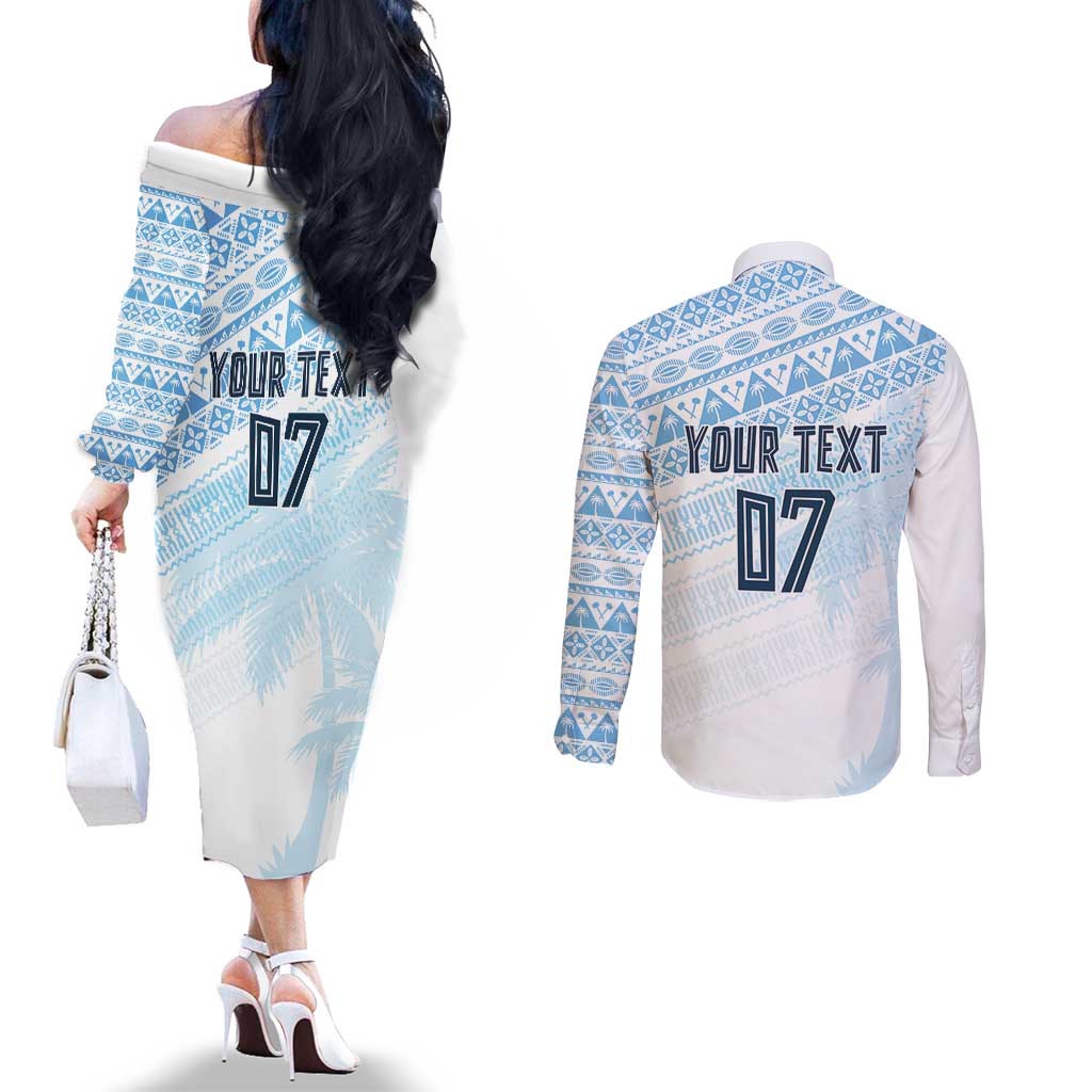 Fiji Rugby Custom Kaiviti Masi Couples Matching Off The Shoulder Long Sleeve Dress and Long Sleeve Button Shirt Turquoise - Aussie Hoodie