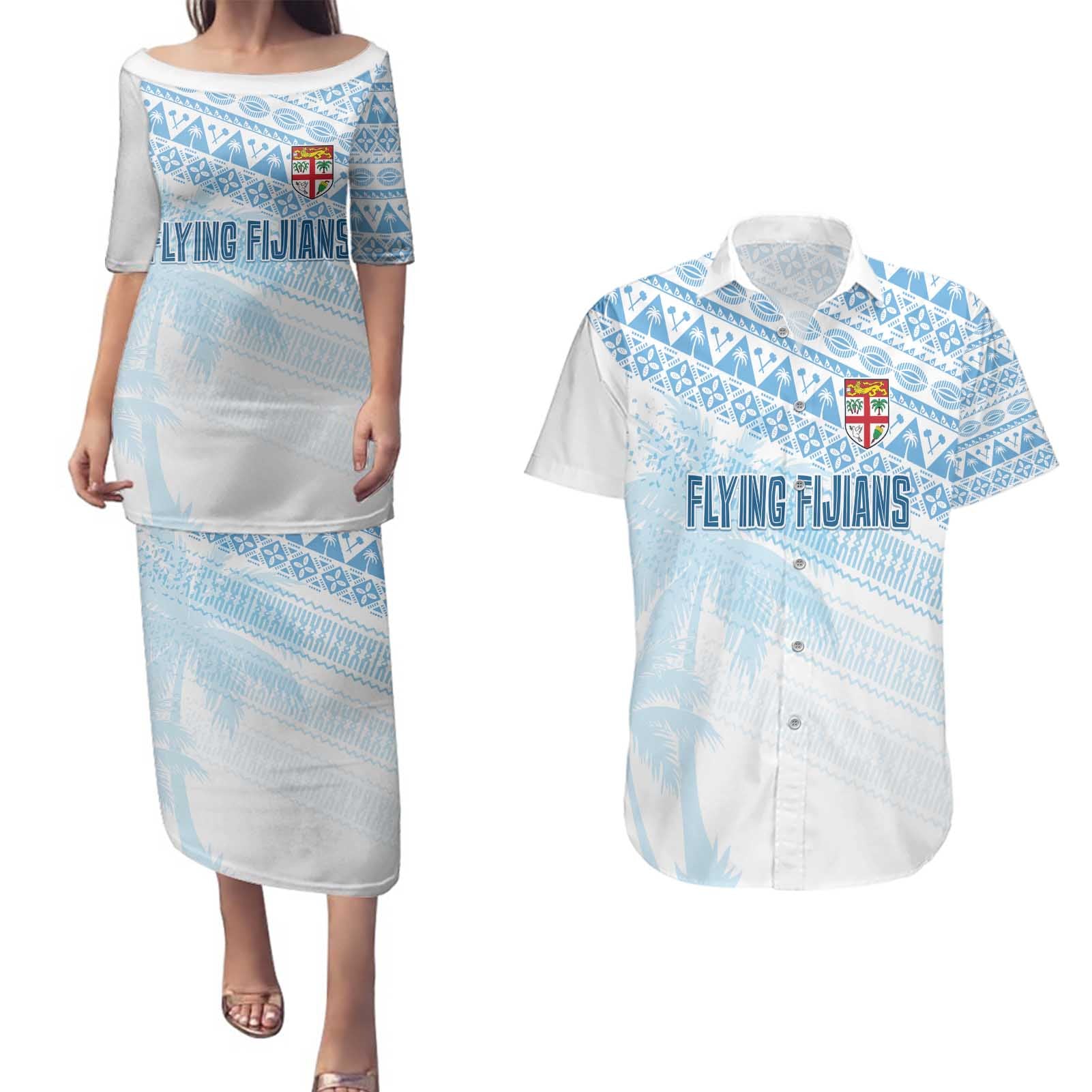 Fiji Rugby Custom Kaiviti Masi Couples Matching Puletasi and Hawaiian Shirt Turquoise - Aussie Hoodie