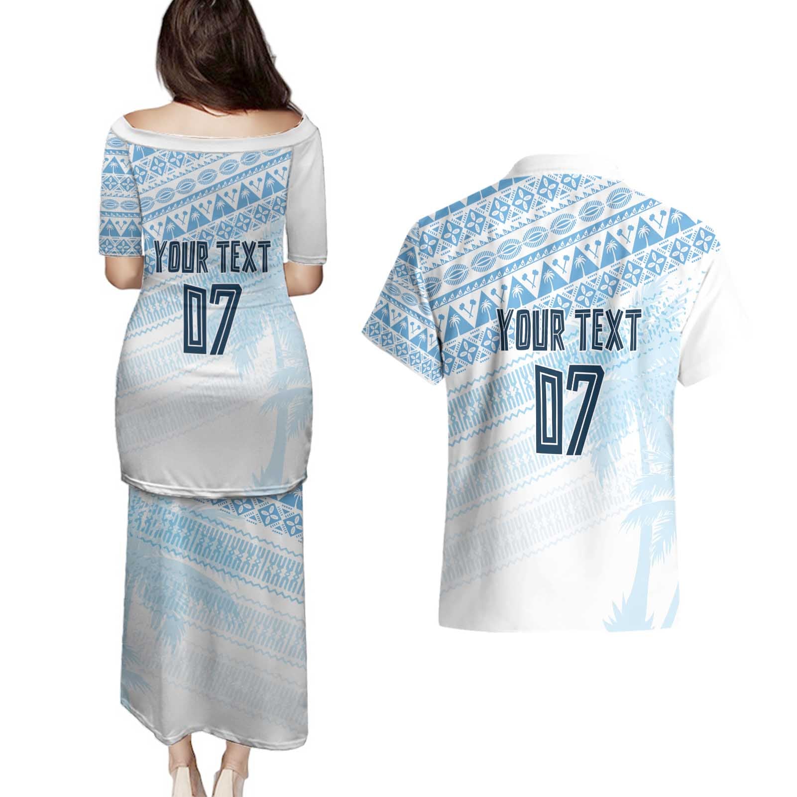 Fiji Rugby Custom Kaiviti Masi Couples Matching Puletasi and Hawaiian Shirt Turquoise - Aussie Hoodie