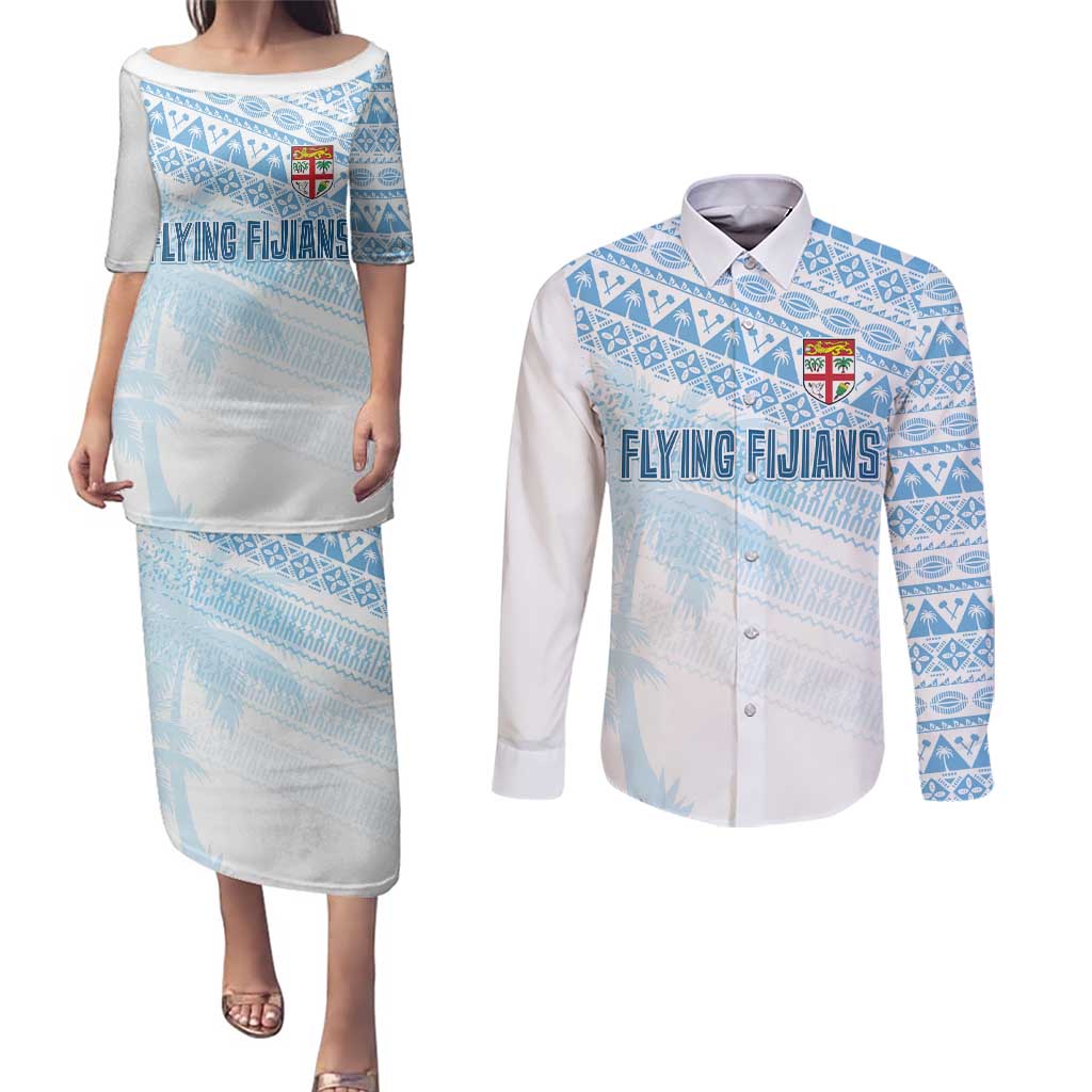 Fiji Rugby Custom Kaiviti Masi Couples Matching Puletasi and Long Sleeve Button Shirt Turquoise - Aussie Hoodie
