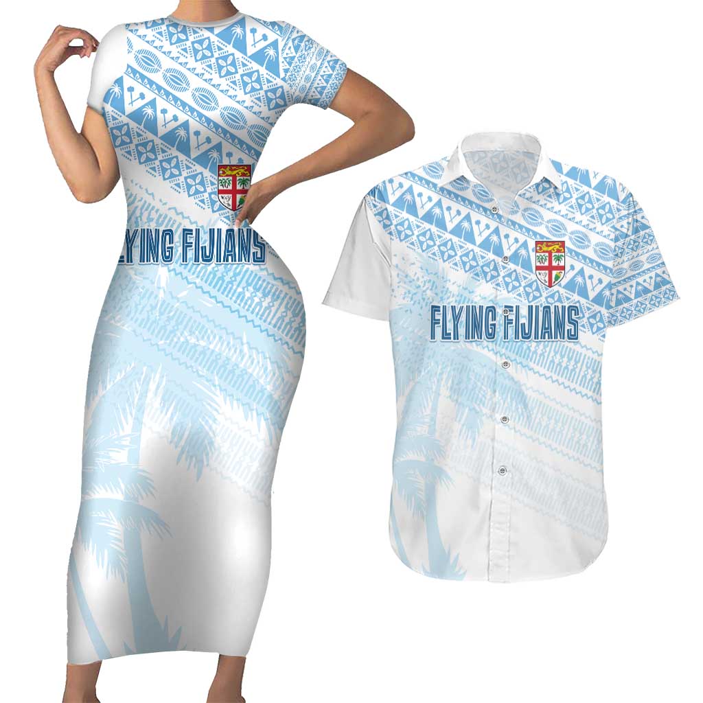 Fiji Rugby Custom Kaiviti Masi Couples Matching Short Sleeve Bodycon Dress and Hawaiian Shirt Turquoise - Aussie Hoodie