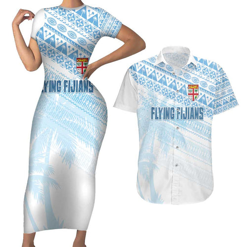 Fiji Rugby Custom Kaiviti Masi Couples Matching Short Sleeve Bodycon Dress and Hawaiian Shirt Turquoise - Aussie Hoodie