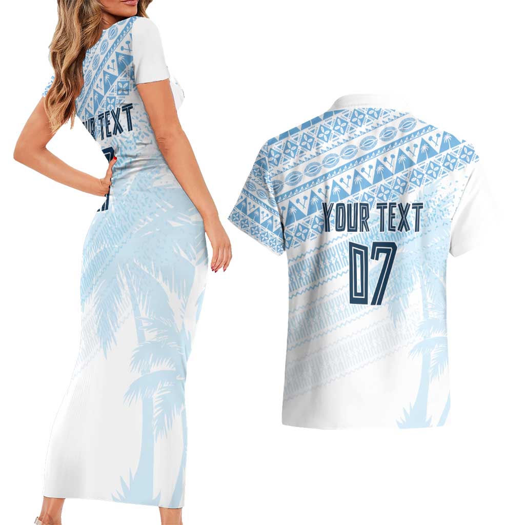Fiji Rugby Custom Kaiviti Masi Couples Matching Short Sleeve Bodycon Dress and Hawaiian Shirt Turquoise - Aussie Hoodie