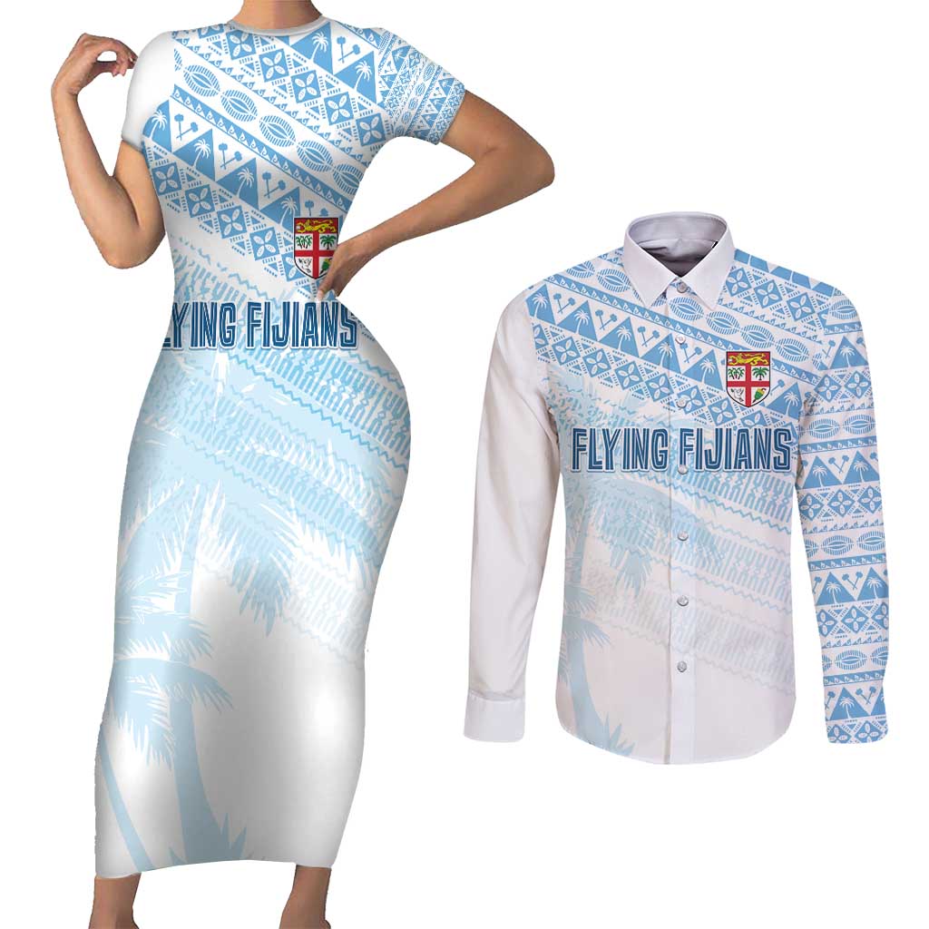 Fiji Rugby Custom Kaiviti Masi Couples Matching Short Sleeve Bodycon Dress and Long Sleeve Button Shirt Turquoise - Aussie Hoodie