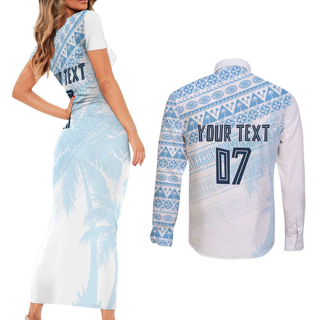 Fiji Rugby Custom Kaiviti Masi Couples Matching Short Sleeve Bodycon Dress and Long Sleeve Button Shirt Turquoise - Aussie Hoodie