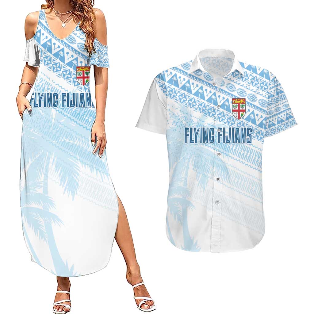 Fiji Rugby Custom Kaiviti Masi Couples Matching Summer Maxi Dress and Hawaiian Shirt Turquoise - Aussie Hoodie