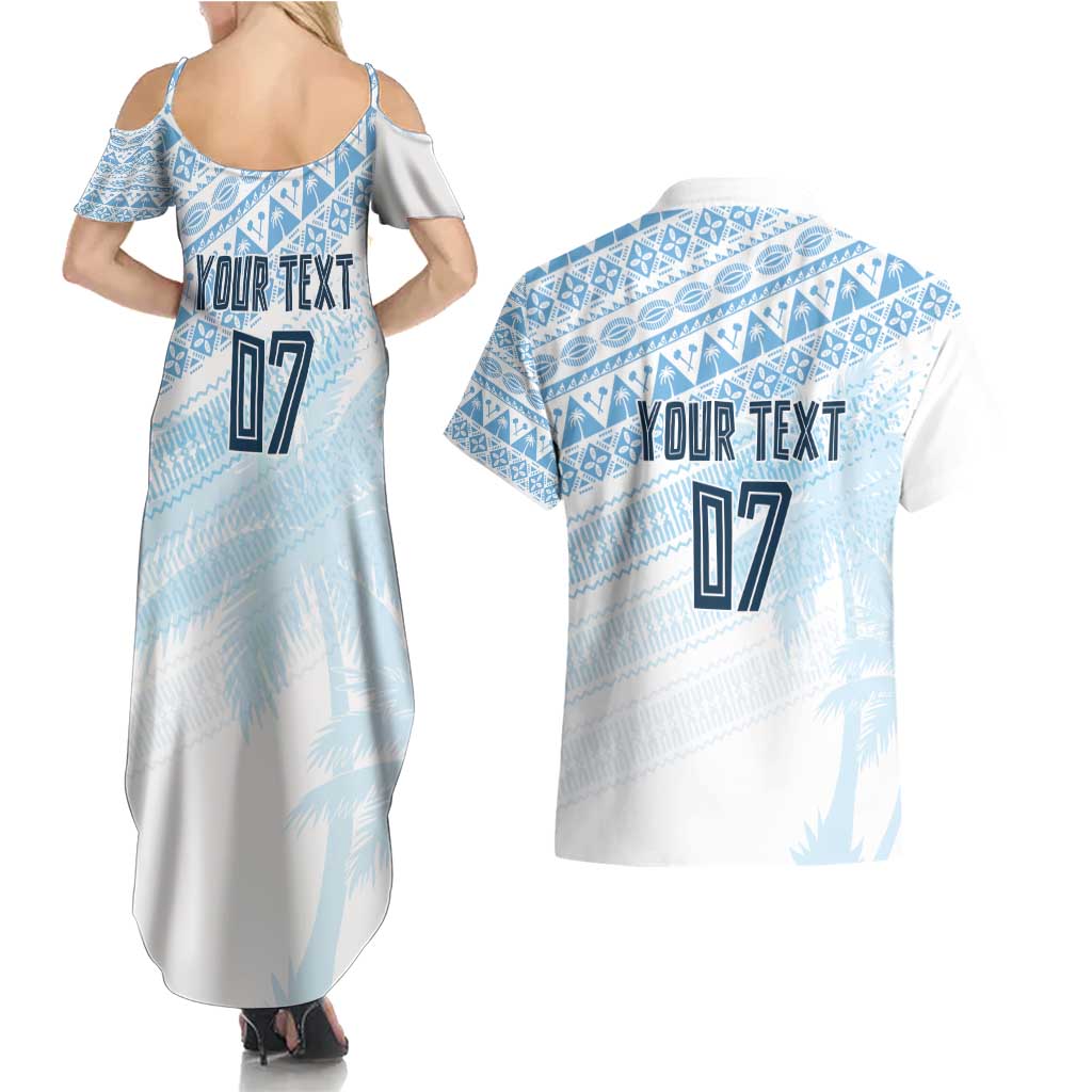 Fiji Rugby Custom Kaiviti Masi Couples Matching Summer Maxi Dress and Hawaiian Shirt Turquoise - Aussie Hoodie