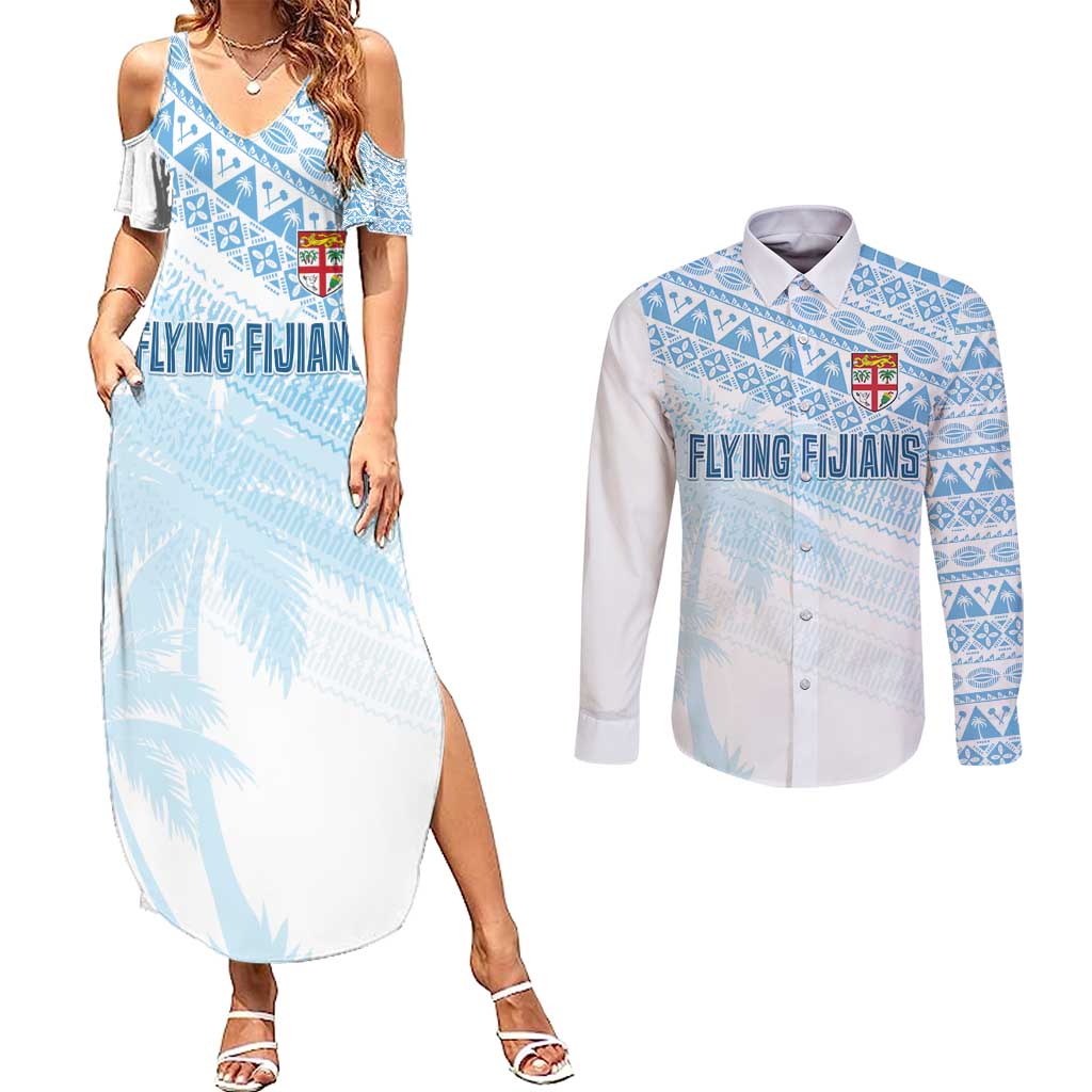 Fiji Rugby Custom Kaiviti Masi Couples Matching Summer Maxi Dress and Long Sleeve Button Shirt Turquoise - Aussie Hoodie