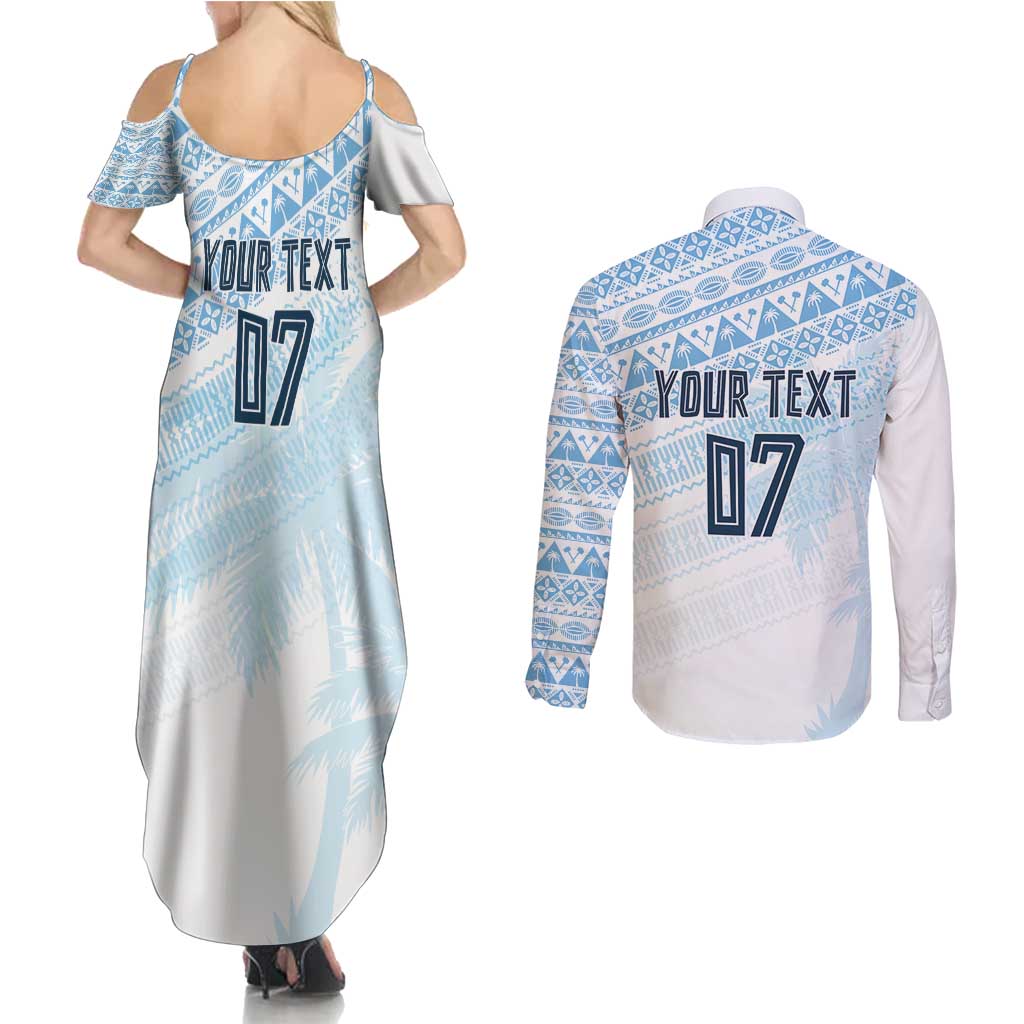 Fiji Rugby Custom Kaiviti Masi Couples Matching Summer Maxi Dress and Long Sleeve Button Shirt Turquoise - Aussie Hoodie