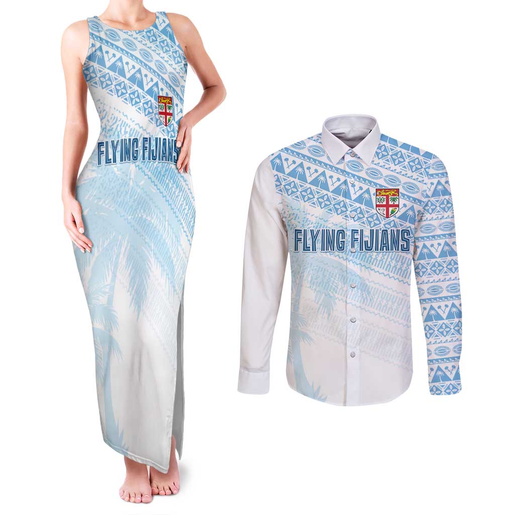 Fiji Rugby Custom Kaiviti Masi Couples Matching Tank Maxi Dress and Long Sleeve Button Shirt Turquoise - Aussie Hoodie