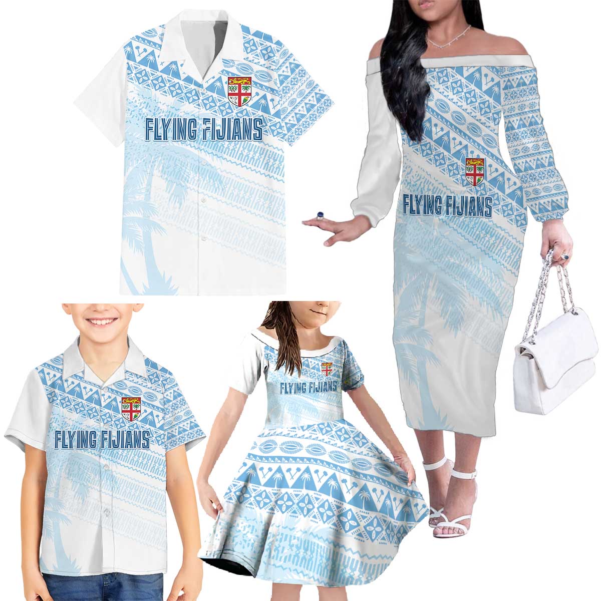 Fiji Rugby Custom Kaiviti Masi Family Matching Off The Shoulder Long Sleeve Dress and Hawaiian Shirt Turquoise - Aussie Hoodie
