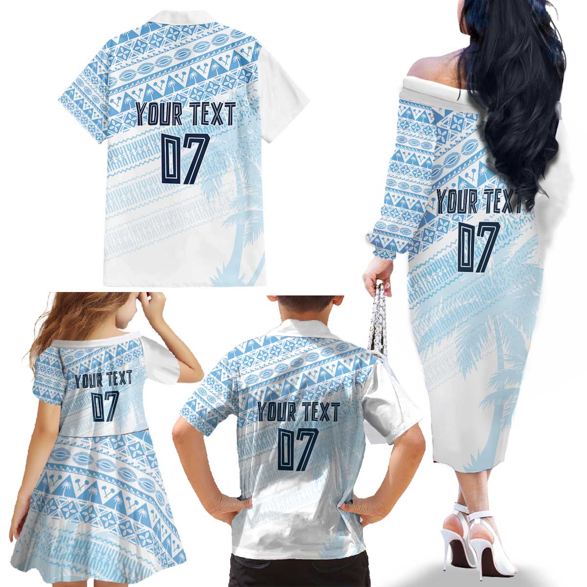 Fiji Rugby Custom Kaiviti Masi Family Matching Off The Shoulder Long Sleeve Dress and Hawaiian Shirt Turquoise - Aussie Hoodie