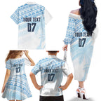 Fiji Rugby Custom Kaiviti Masi Family Matching Off The Shoulder Long Sleeve Dress and Hawaiian Shirt Turquoise - Aussie Hoodie