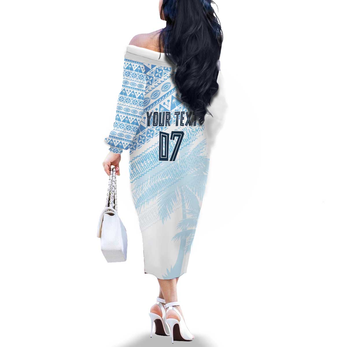 Fiji Rugby Custom Kaiviti Masi Family Matching Off The Shoulder Long Sleeve Dress and Hawaiian Shirt Turquoise - Aussie Hoodie