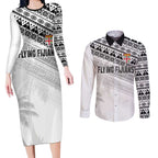Fiji Rugby Custom Kaiviti Masi Couples Matching Long Sleeve Bodycon Dress and Long Sleeve Button Shirt Black - Aussie Hoodie