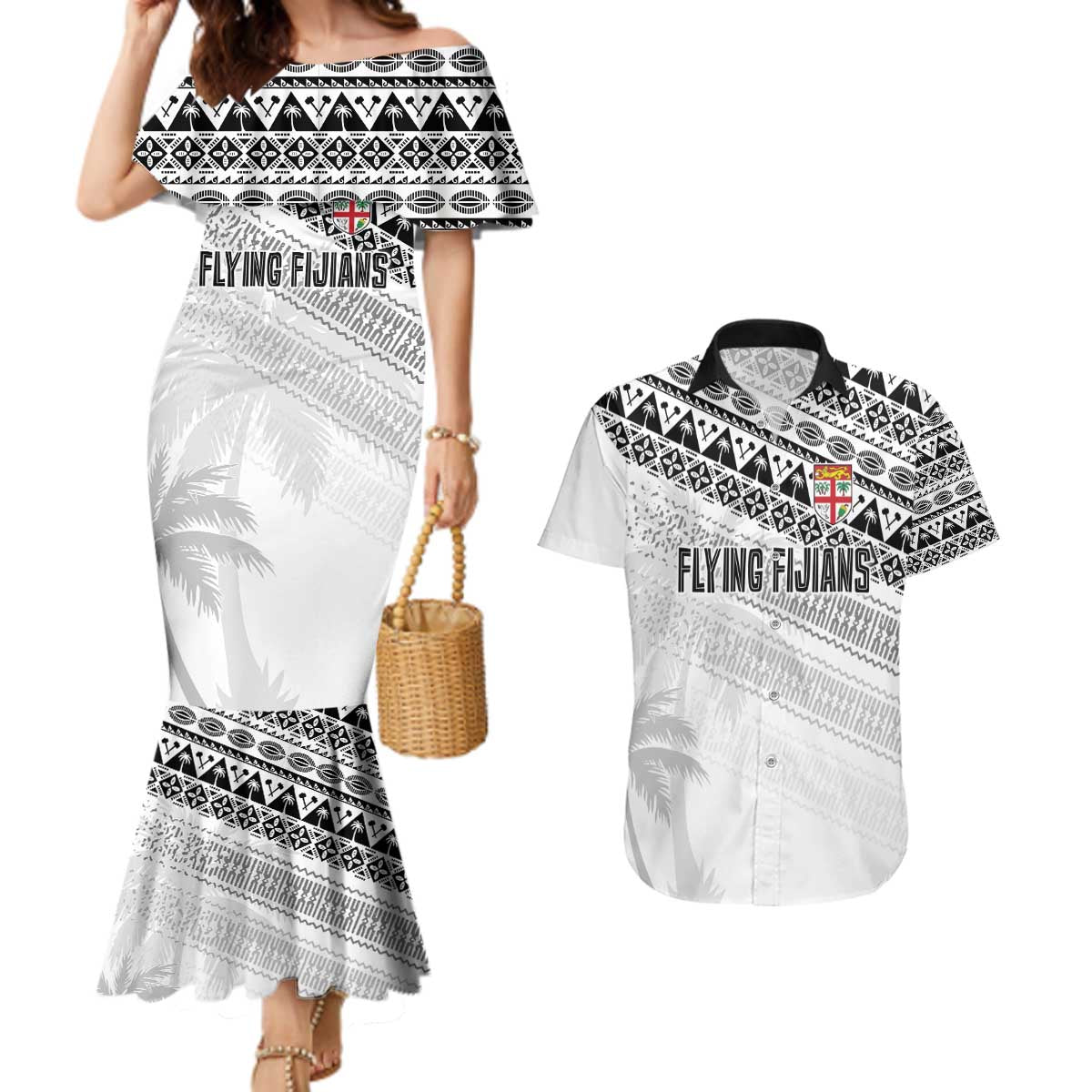 Fiji Rugby Custom Kaiviti Masi Couples Matching Mermaid Dress and Hawaiian Shirt Black - Aussie Hoodie