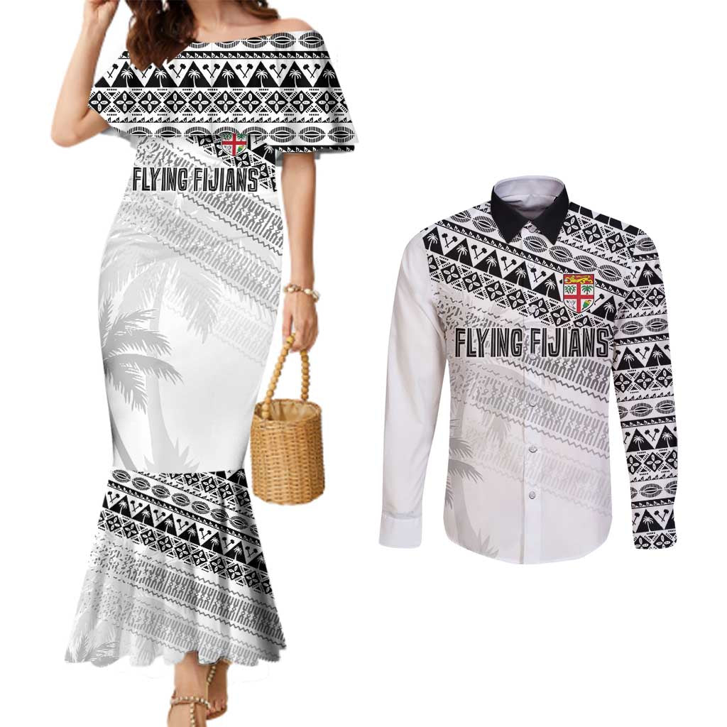 Fiji Rugby Custom Kaiviti Masi Couples Matching Mermaid Dress and Long Sleeve Button Shirt Black - Aussie Hoodie