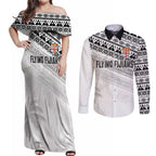 Fiji Rugby Custom Kaiviti Masi Couples Matching Off Shoulder Maxi Dress and Long Sleeve Button Shirt Black - Aussie Hoodie
