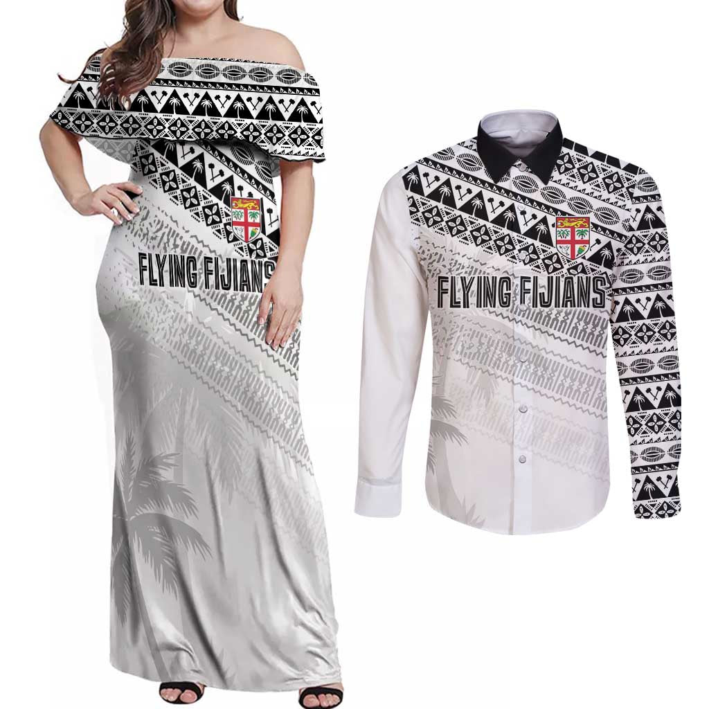 Fiji Rugby Custom Kaiviti Masi Couples Matching Off Shoulder Maxi Dress and Long Sleeve Button Shirt Black - Aussie Hoodie