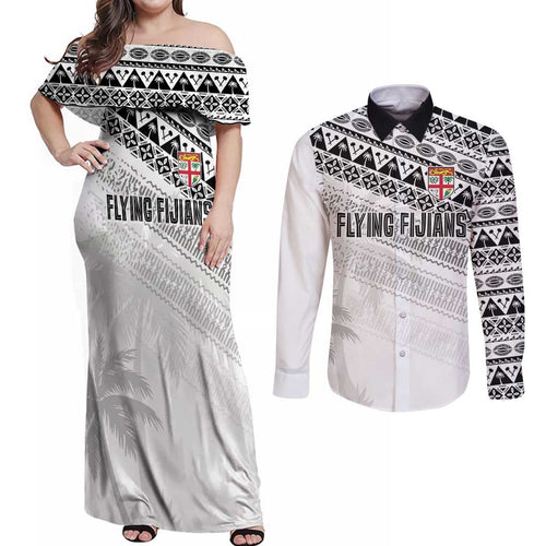 Fiji Rugby Custom Kaiviti Masi Couples Matching Off Shoulder Maxi Dress and Long Sleeve Button Shirt Black - Aussie Hoodie