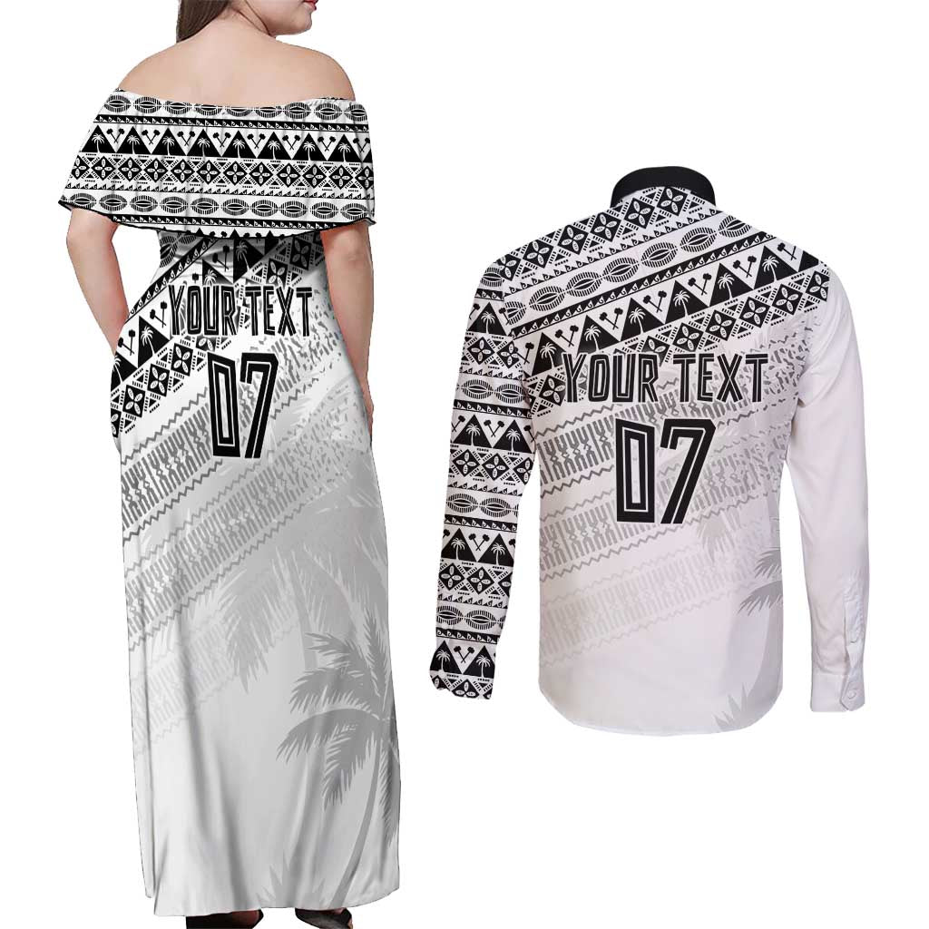 Fiji Rugby Custom Kaiviti Masi Couples Matching Off Shoulder Maxi Dress and Long Sleeve Button Shirt Black - Aussie Hoodie
