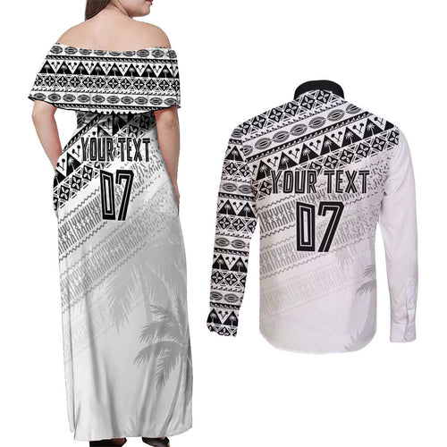 Fiji Rugby Custom Kaiviti Masi Couples Matching Off Shoulder Maxi Dress and Long Sleeve Button Shirt Black - Aussie Hoodie