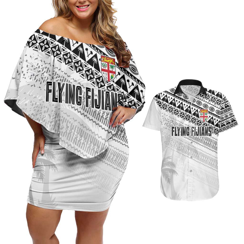 Fiji Rugby Custom Kaiviti Masi Couples Matching Off Shoulder Short Dress and Hawaiian Shirt Black - Aussie Hoodie