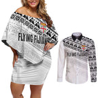Fiji Rugby Custom Kaiviti Masi Couples Matching Off Shoulder Short Dress and Long Sleeve Button Shirt Black - Aussie Hoodie