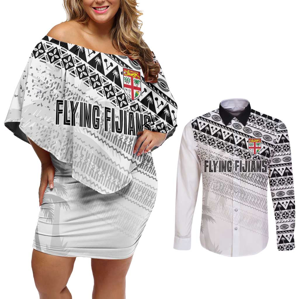 Fiji Rugby Custom Kaiviti Masi Couples Matching Off Shoulder Short Dress and Long Sleeve Button Shirt Black - Aussie Hoodie