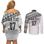 Fiji Rugby Custom Kaiviti Masi Couples Matching Off Shoulder Short Dress and Long Sleeve Button Shirt Black - Aussie Hoodie