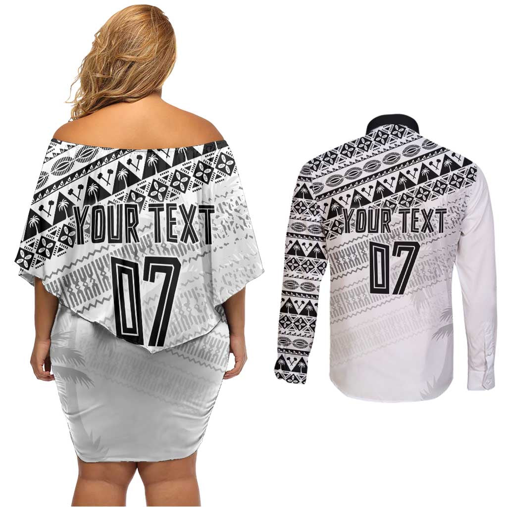 Fiji Rugby Custom Kaiviti Masi Couples Matching Off Shoulder Short Dress and Long Sleeve Button Shirt Black - Aussie Hoodie