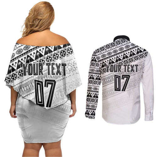 Fiji Rugby Custom Kaiviti Masi Couples Matching Off Shoulder Short Dress and Long Sleeve Button Shirt Black - Aussie Hoodie