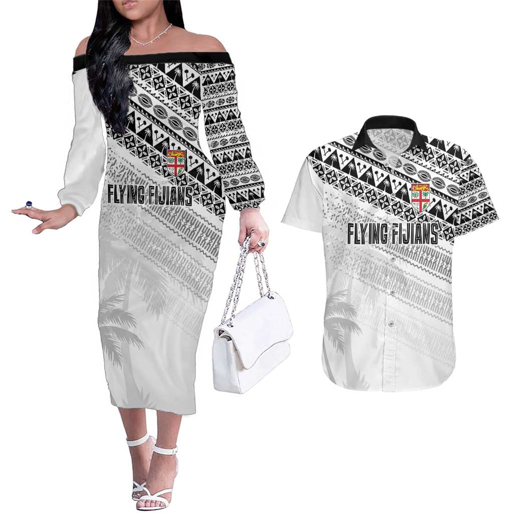 Fiji Rugby Custom Kaiviti Masi Couples Matching Off The Shoulder Long Sleeve Dress and Hawaiian Shirt Black - Aussie Hoodie