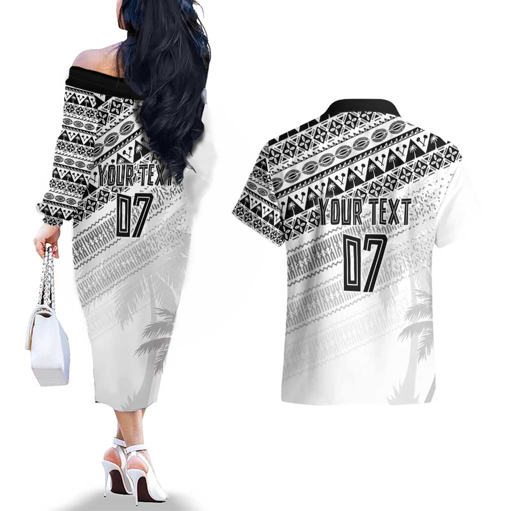 Fiji Rugby Custom Kaiviti Masi Couples Matching Off The Shoulder Long Sleeve Dress and Hawaiian Shirt Black - Aussie Hoodie
