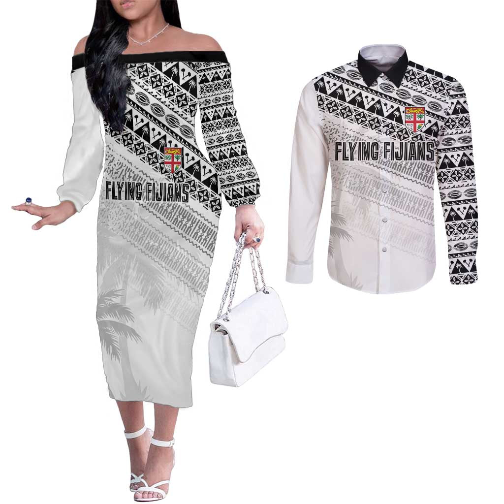 Fiji Rugby Custom Kaiviti Masi Couples Matching Off The Shoulder Long Sleeve Dress and Long Sleeve Button Shirt Black - Aussie Hoodie