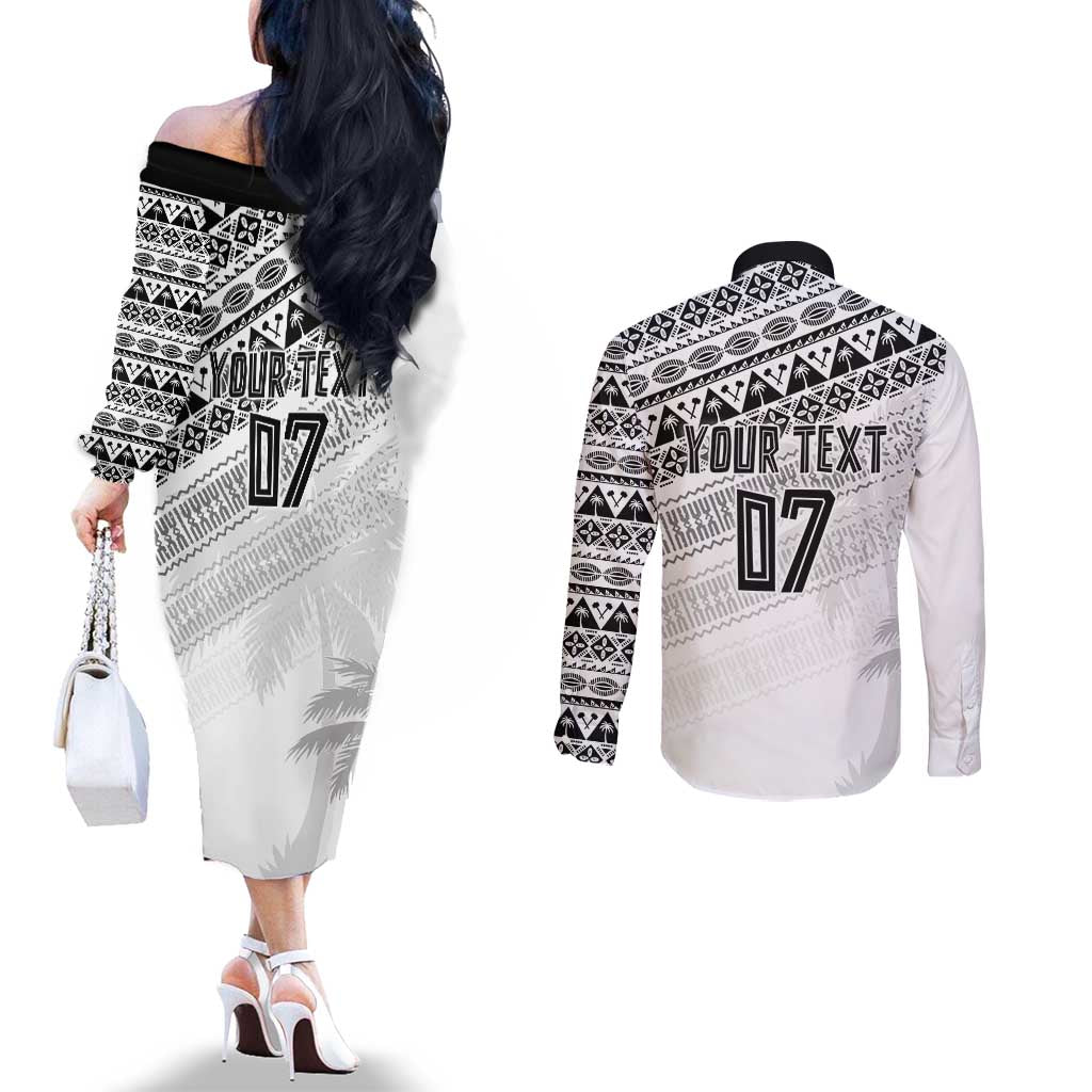 Fiji Rugby Custom Kaiviti Masi Couples Matching Off The Shoulder Long Sleeve Dress and Long Sleeve Button Shirt Black - Aussie Hoodie
