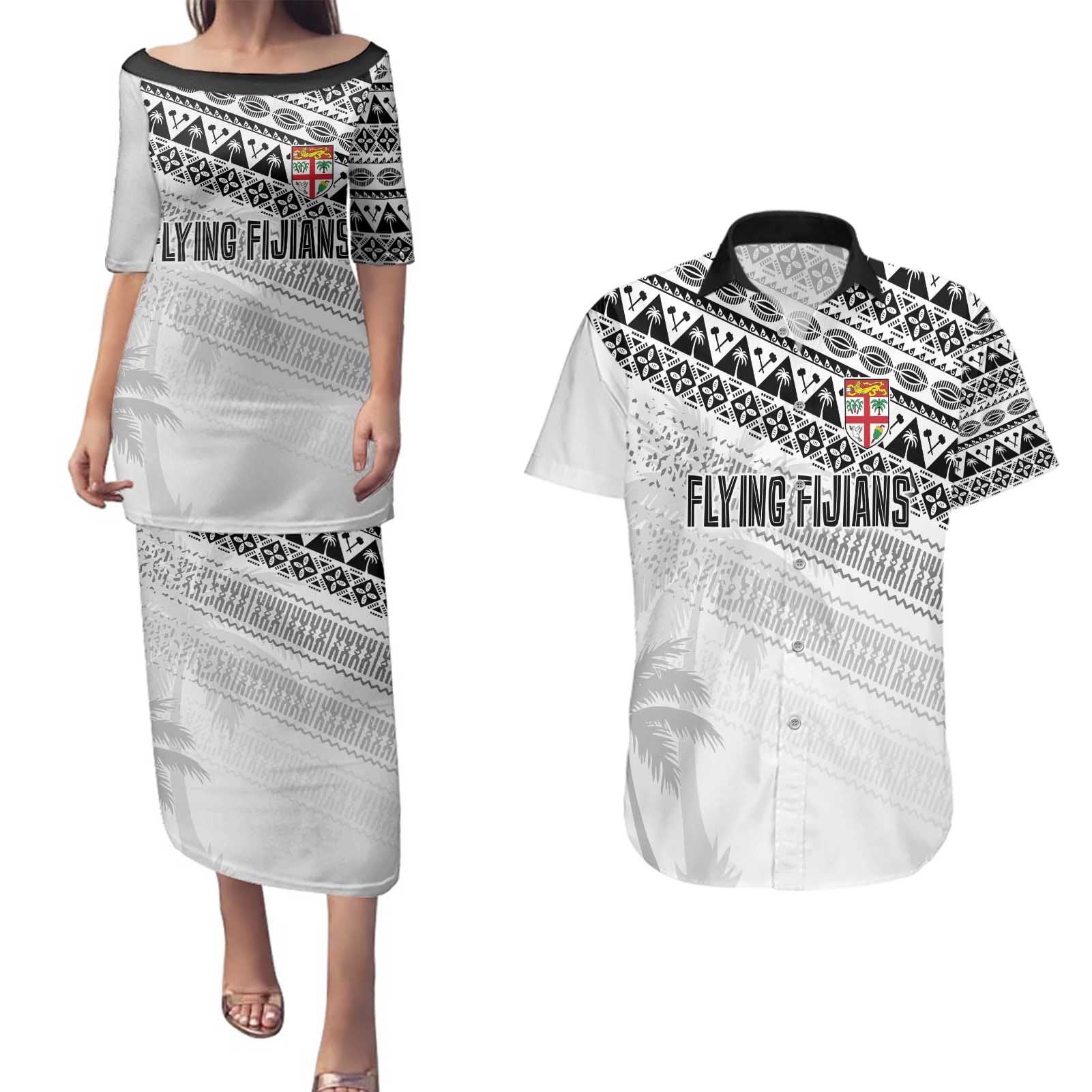 Fiji Rugby Custom Kaiviti Masi Couples Matching Puletasi and Hawaiian Shirt Black - Aussie Hoodie
