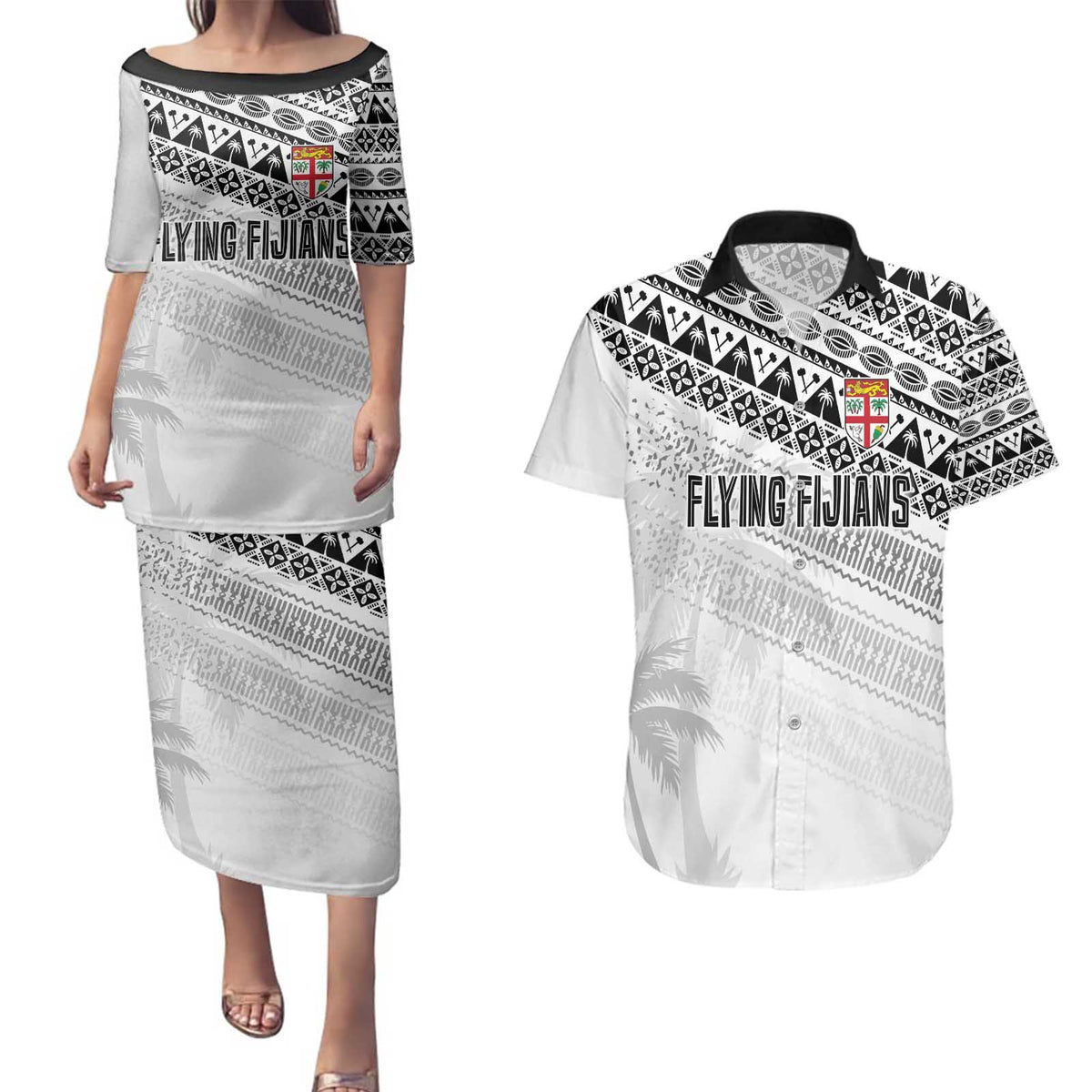 Fiji Rugby Custom Kaiviti Masi Couples Matching Puletasi and Hawaiian Shirt Black - Aussie Hoodie
