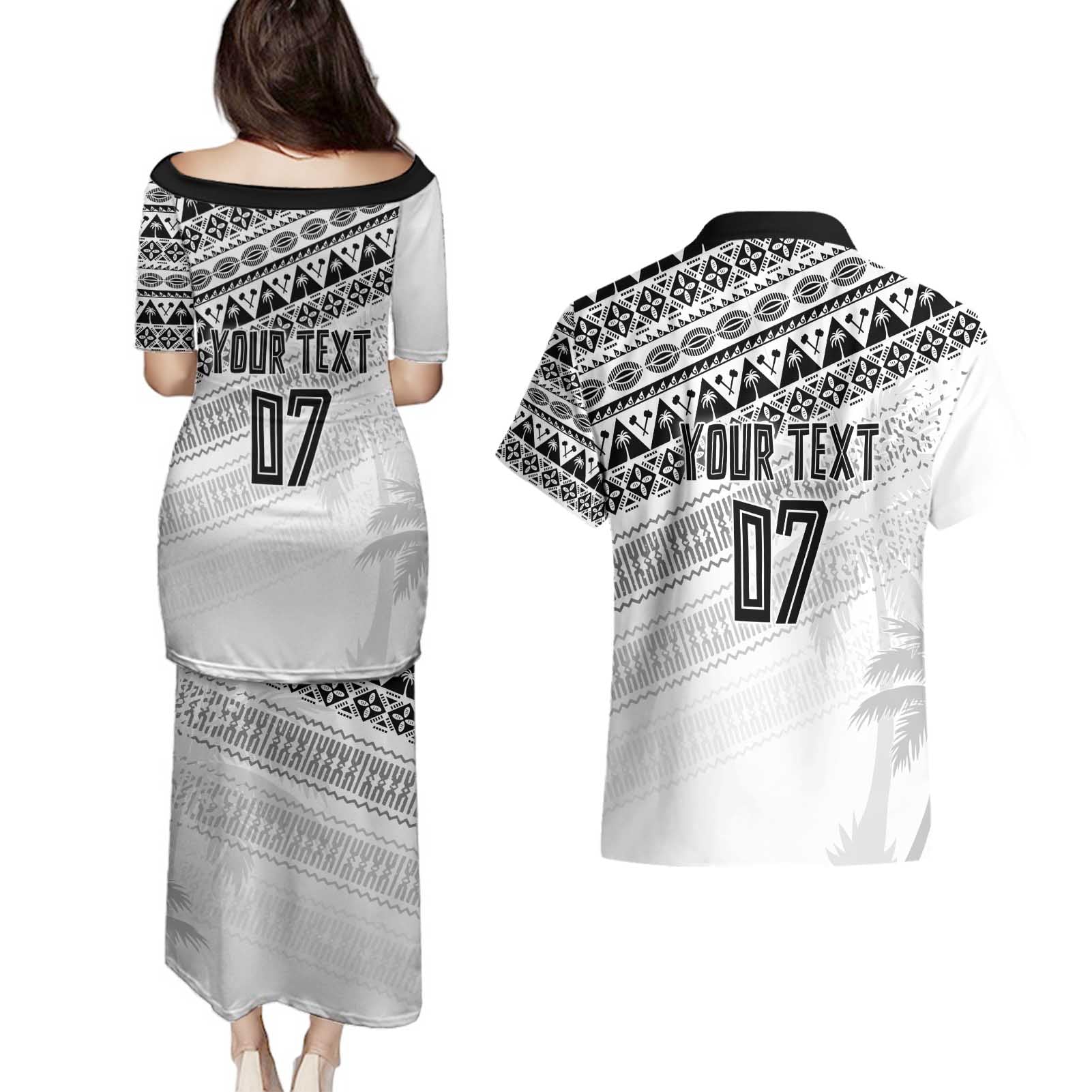 Fiji Rugby Custom Kaiviti Masi Couples Matching Puletasi and Hawaiian Shirt Black - Aussie Hoodie