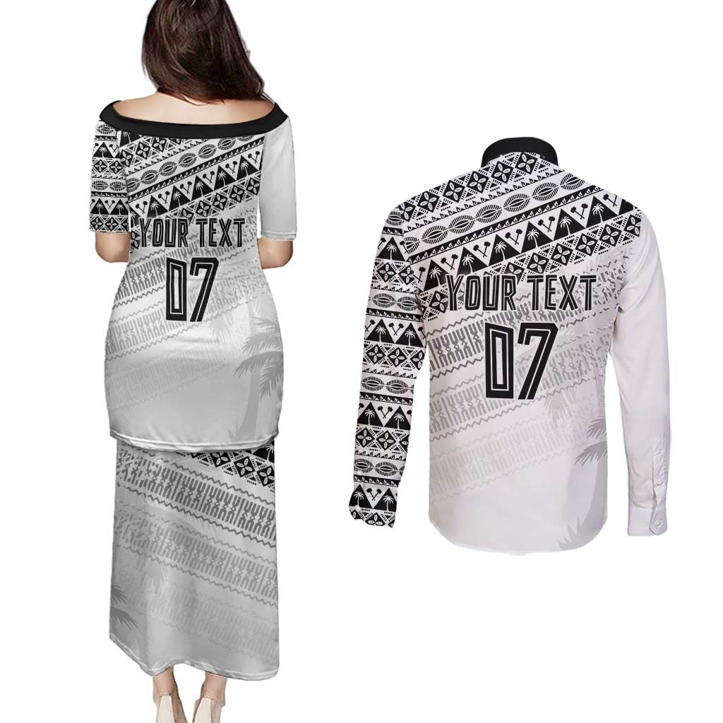 Fiji Rugby Custom Kaiviti Masi Couples Matching Puletasi and Long Sleeve Button Shirt Black - Aussie Hoodie