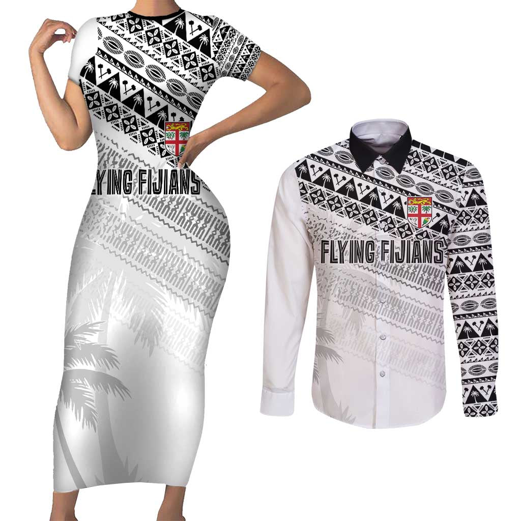 Fiji Rugby Custom Kaiviti Masi Couples Matching Short Sleeve Bodycon Dress and Long Sleeve Button Shirt Black - Aussie Hoodie