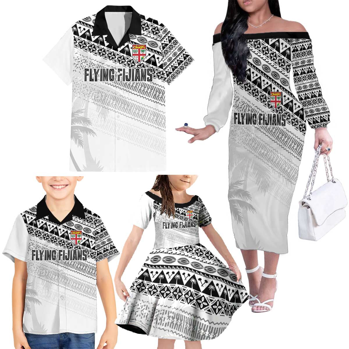 Fiji Rugby Custom Kaiviti Masi Family Matching Off The Shoulder Long Sleeve Dress and Hawaiian Shirt Black - Aussie Hoodie